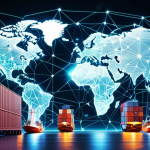 **

A futuristic global trade network visualized as interconnected glowing lines and nodes, highlighting the use of blockchain technology and AI for secure and efficient logistics. Show elements of cargo ships, planes, and warehouses seamlessly integrated within the digital web.

**