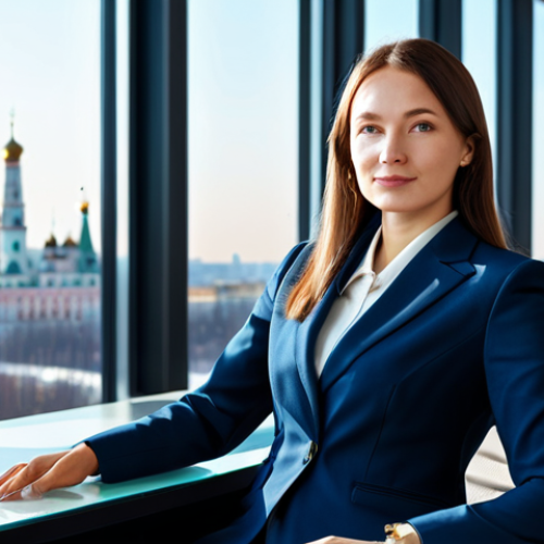 **

A professional businesswoman in a modest dark blue business suit, sitting at a modern glass desk in a bright, sunlit office overlooking the Moscow skyline, fully clothed, appropriate attire, safe for work, perfect anatomy, natural proportions, professional photography, high quality, family-friendly.

**