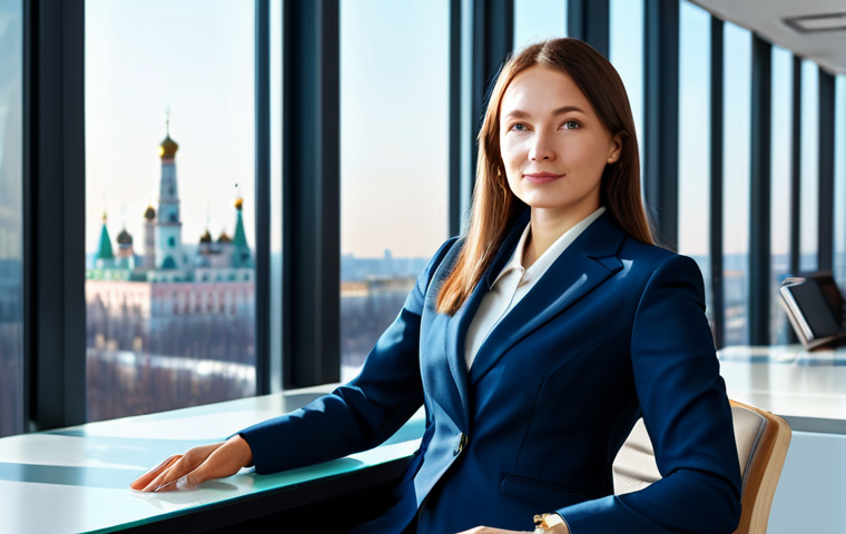 **
A professional businesswoman in a modest dark blue business suit, sitting at a modern glass desk in a bright, sunlit office overlooking the Moscow skyline, fully clothed, appropriate attire, safe for work, perfect anatomy, natural proportions, professional photography, high quality, family-friendly.
**
