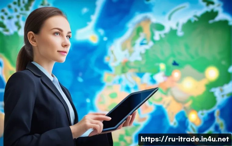 국제무역전문가로서경력쌓기 - **Prompt:** A dynamic, wide-angle shot of a confident Russian foreign economic activity (FEA) specia...