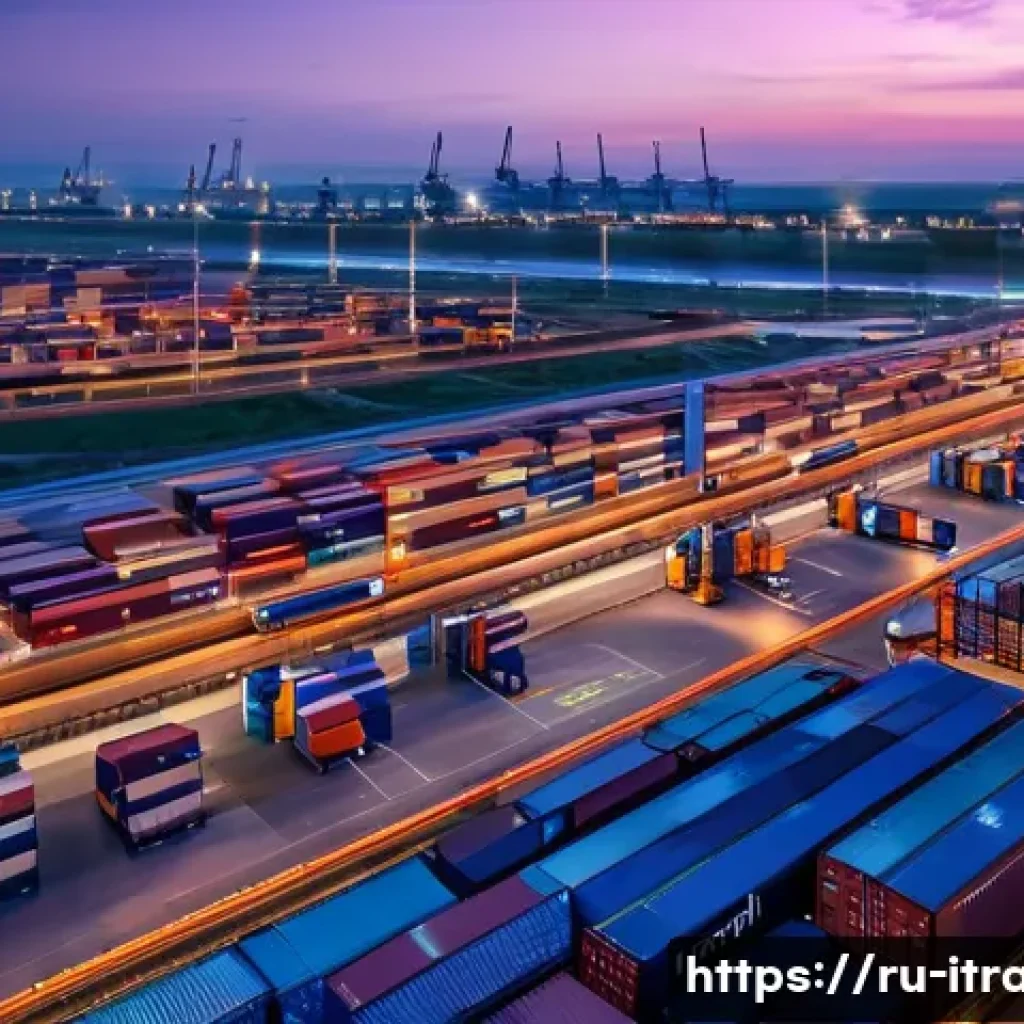 국제무역업무사례 - **Prompt:** A dynamic, wide-angle shot of a modern, multi-modal logistics hub at sunset, symbolizing...