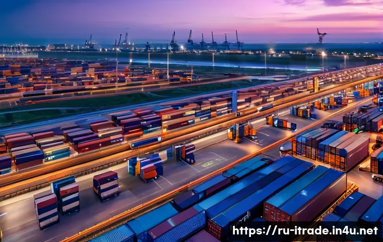 국제무역업무사례 - **Prompt:** A dynamic, wide-angle shot of a modern, multi-modal logistics hub at sunset, symbolizing...