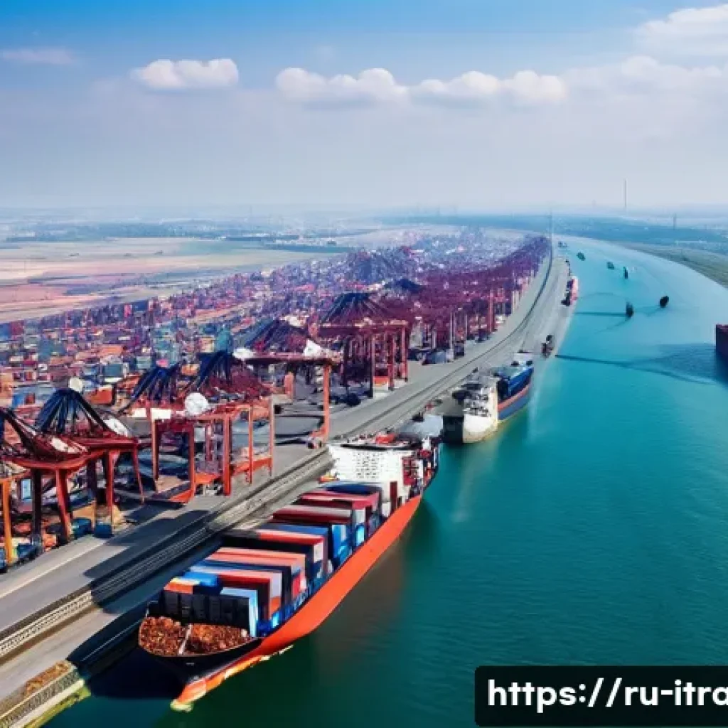 국제무역과정추천 - A bustling, high-angle view of a modern global logistics hub. The image features a vibrant network o...