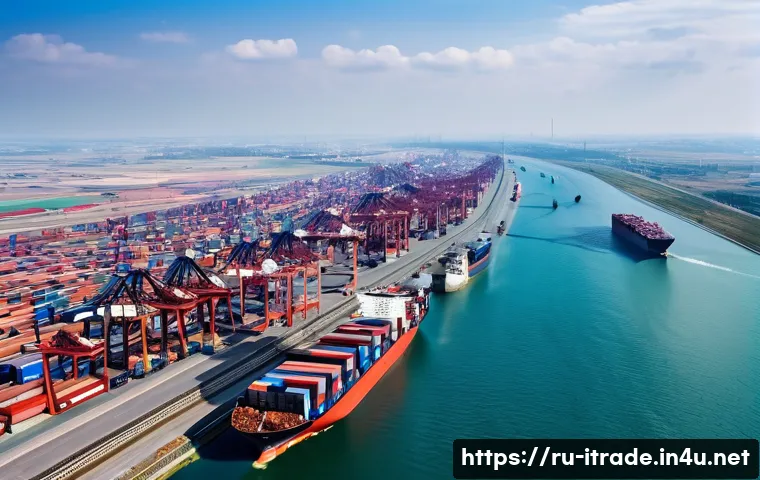 국제무역과정추천 - A bustling, high-angle view of a modern global logistics hub. The image features a vibrant network o...