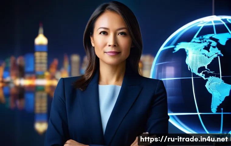 국제무역경력관리 - A dynamic portrait of a determined female business professional in her late 30s, wearing a sleek, ta...