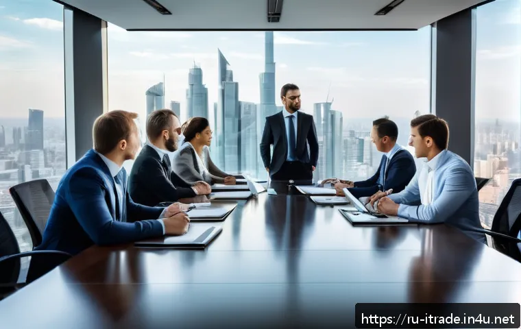 국제무역실무교육 - A professional international business meeting scene set in a modern office, featuring diverse busine...