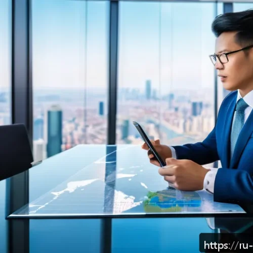 무역전문가연봉 - A modern international trade expert negotiating in a sleek, high-tech office with large windows over...