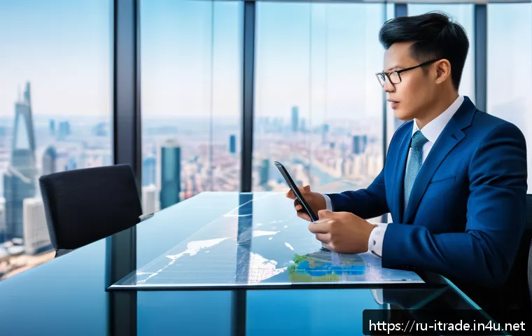 무역전문가연봉 - A modern international trade expert negotiating in a sleek, high-tech office with large windows over...