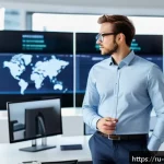 국제무역학과 - A modern international trade professional working in a sleek, high-tech office environment, wearing ...