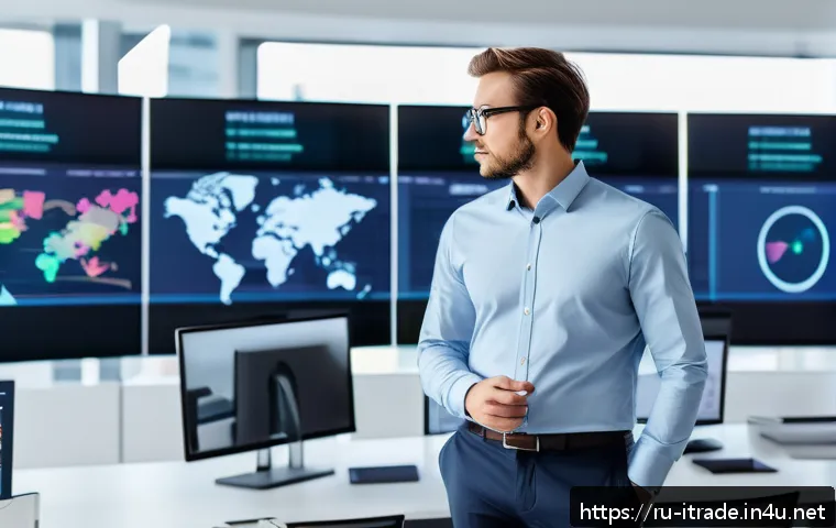 국제무역학과 - A modern international trade professional working in a sleek, high-tech office environment, wearing ...