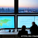 무역업계동향분석 - Photorealistic Moscow trade analytics office at dawn, a diverse team of Russian import-export specia...