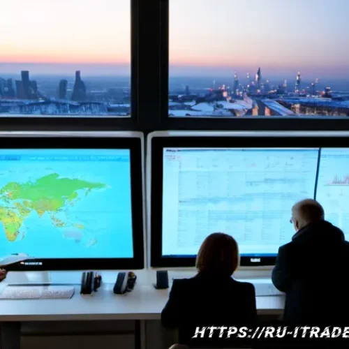 무역업계동향분석 - Photorealistic Moscow trade analytics office at dawn, a diverse team of Russian import-export specia...