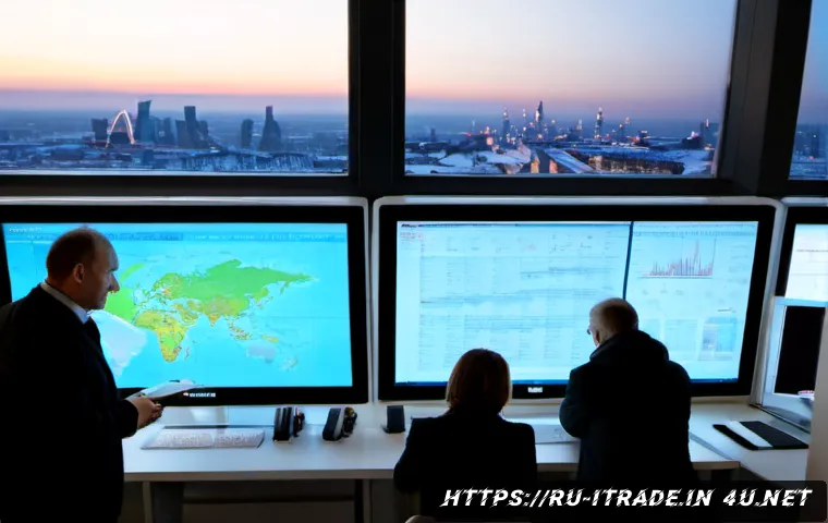 무역업계동향분석 - Photorealistic Moscow trade analytics office at dawn, a diverse team of Russian import-export specia...
