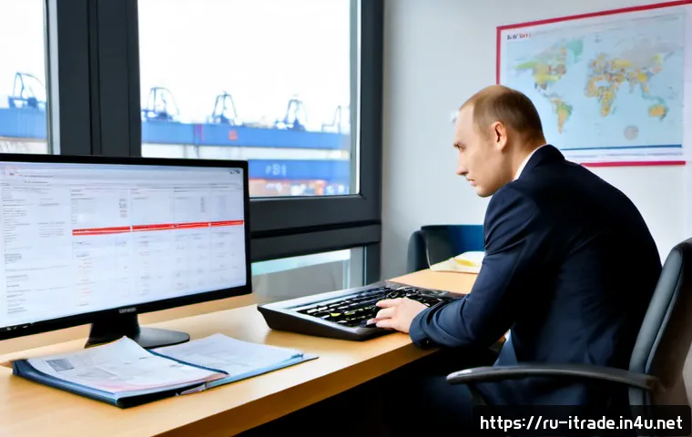 Home 17 무역업무경험전략 - Photorealistic Russian trade specialist in a modern Moscow office, reviewing shipping containers and...