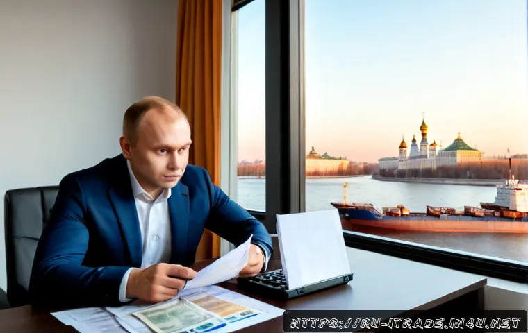 Home 17 국제무역업무자격 - Photorealistic Russian trade specialist in a modern Moscow office, reviewing blank shipping document...